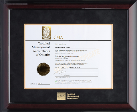 Glossy mahogany wood frame with black velvet mat (BLKV/GF) for HORIZONTAL CMA Ontario designation